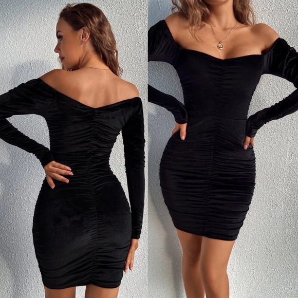 Long sleeve velvet ruched mini dress sweetheart - Picture 6 of 8